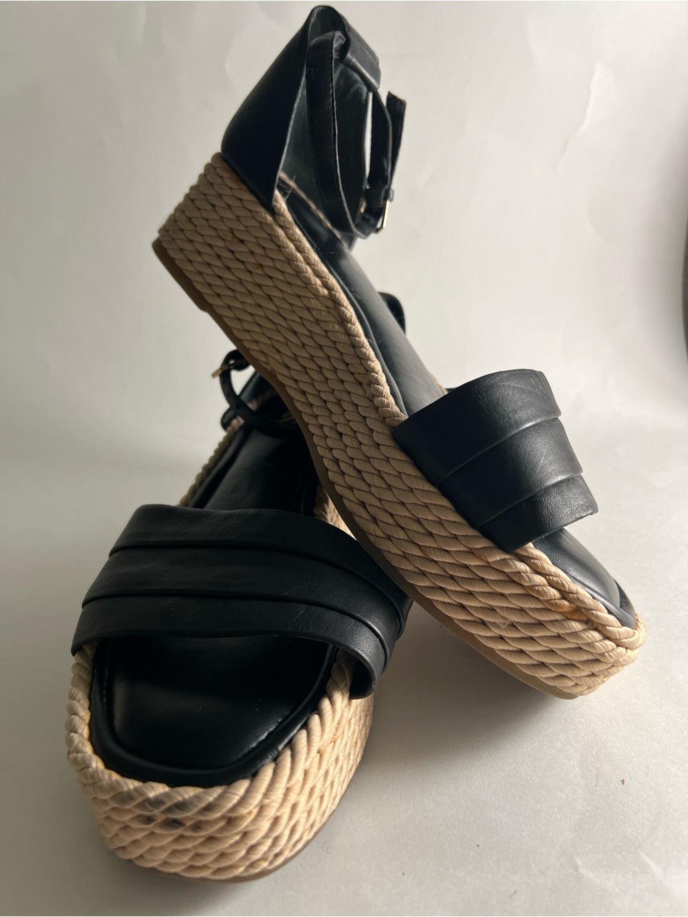 Sarto Black Leather Platform Espadrille Sandals with Ankle Strap Size 11